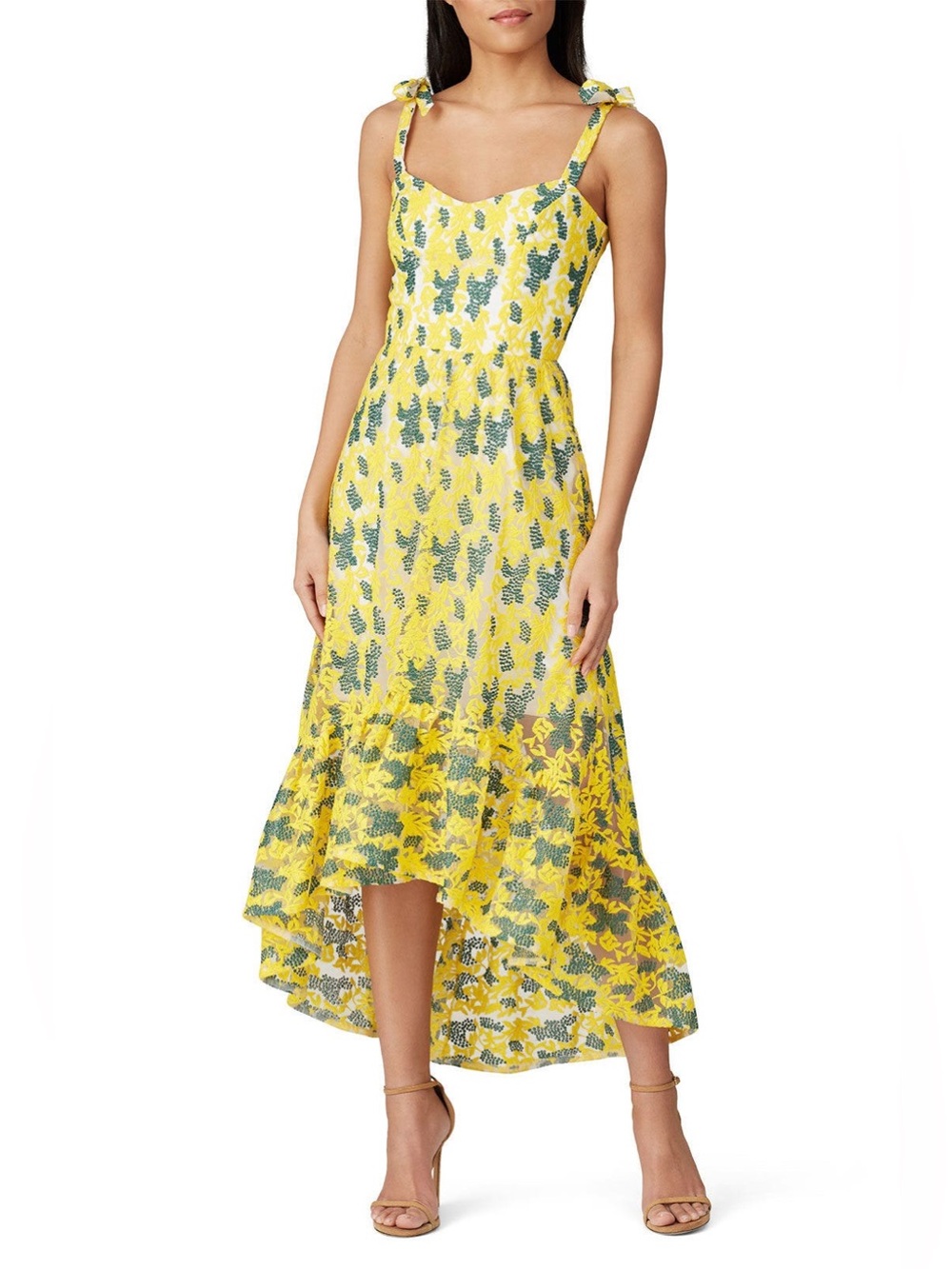Dress The Population Wren Yellow Floral High-Low Embroidered Maxi Dress Size M